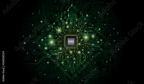CPU Chip on Motherboard. Central Computer Processors CPU concept. Quantum computer, large data processing, database concept. Futuristic microchip processor. Digital chip.