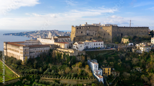 Aerial view of the Charterhouse of St. Martin, a former monastery complex, now a national museum, and Sant' Elmo castle. They are located on Vomero hill, that commands the city of Naples in Italy.