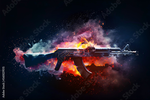 Burning AK-47 assault rifle made of fire, smoke and sparks on black background. Digitally generated AI image.