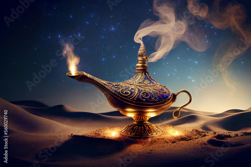 Photo magic lamp with genie in the desert at night