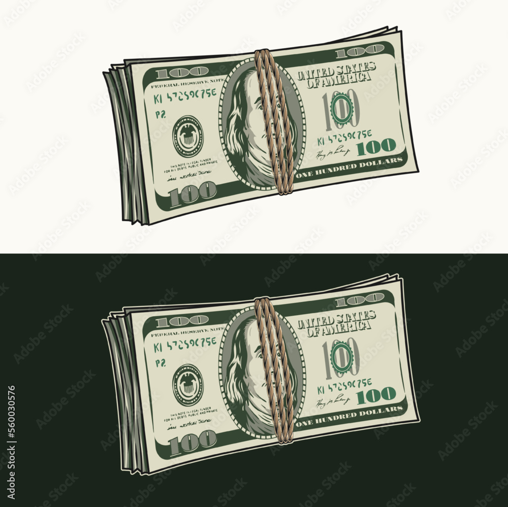 Standing upright wad of 100 dollar bills tied with jute rope. Banknotes with front obverse side. Cash money. Vintage style. Detailed isolated vector illustration on dark, white background - obrazy, fototapety, plakaty 