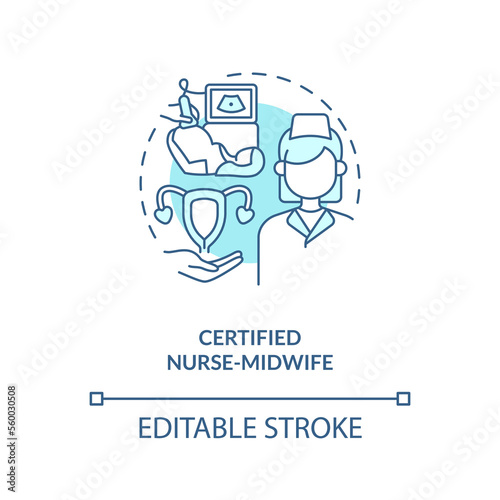 Certified nurse midwife blue concept icon. Chronic care management provider abstract idea thin line illustration. Isolated outline drawing. Editable stroke. Arial, Myriad Pro-Bold fonts used