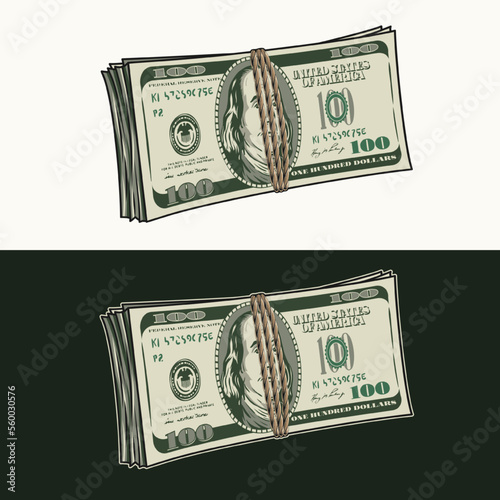 Standing upright wad of 100 dollar bills tied with jute rope. Banknotes with front obverse side. Cash money. Vintage style. Detailed isolated vector illustration on dark, white background