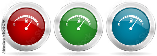 Fuel gauge, car petrol dashboard vector icon set. Red, blue and green silver metallic web buttons with chrome border