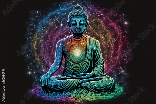 Buddha meditates on the background of the galaxy