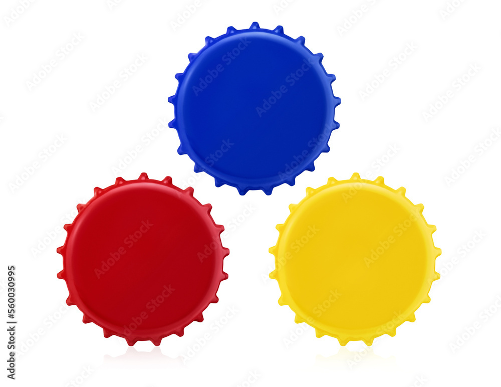 Three bottle caps red, blue, yellow isolated on white background. Three bottle caps red, blue, yellow isolated on white background.