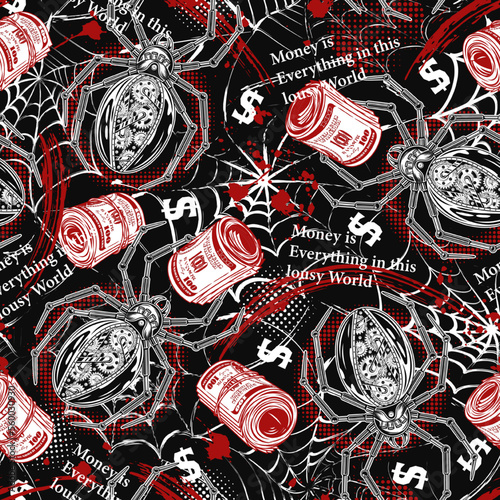 Money semaless pattern in trash polka style with robot spider, roll of 100 US dollar bills, coins, text. Grunge silhouette of spiderweb behind. For prints, clothing, apparel, surface design.