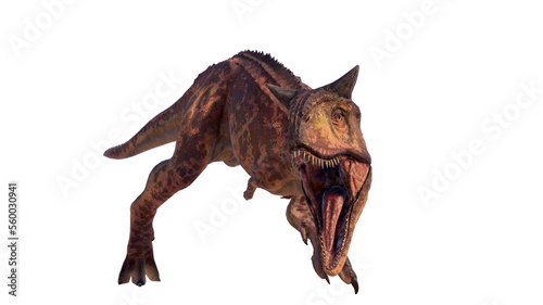 Carnotaurus dinosaur roaring on a blank background PNG ultra high resolution © akiratrang