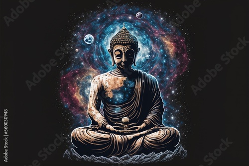 Buddha meditates on the background of the galaxy