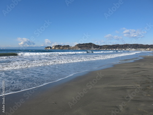 冬の材木座海岸（左手奥に伊豆半島）