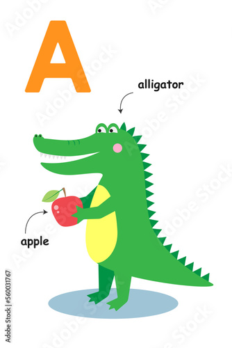 Alphabet  letter A. Alligator holding an apple.