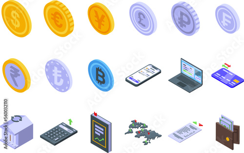 Currency conversion icons set isometric vector. Exchange payment. Convert coin