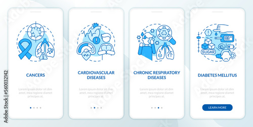 Chronic diseases major groups blue onboarding mobile app screen. Walkthrough 4 steps editable graphic instructions with linear concepts. UI, UX, GUI template. Myriad Pro-Bold, Regular fonts used