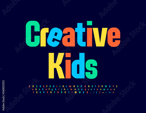 Vector bright Emblem Creative Kids with colorful Font. Modern Alphabet set