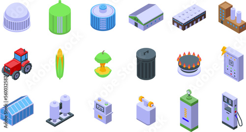 Biogas icons set isometric vector. Biomass energy. Bio plant
