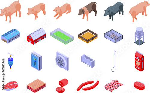 Pig farm icons set isometric vector. Pork animal. Hog swine