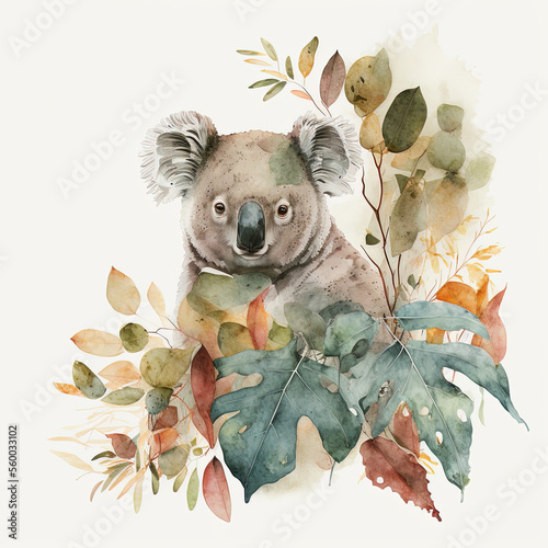 watercolor koala with leaves around, Generative AI photo