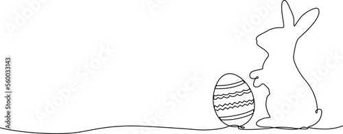 continuous single line drawing of easter bunny with decorated egg, line art vector illustration