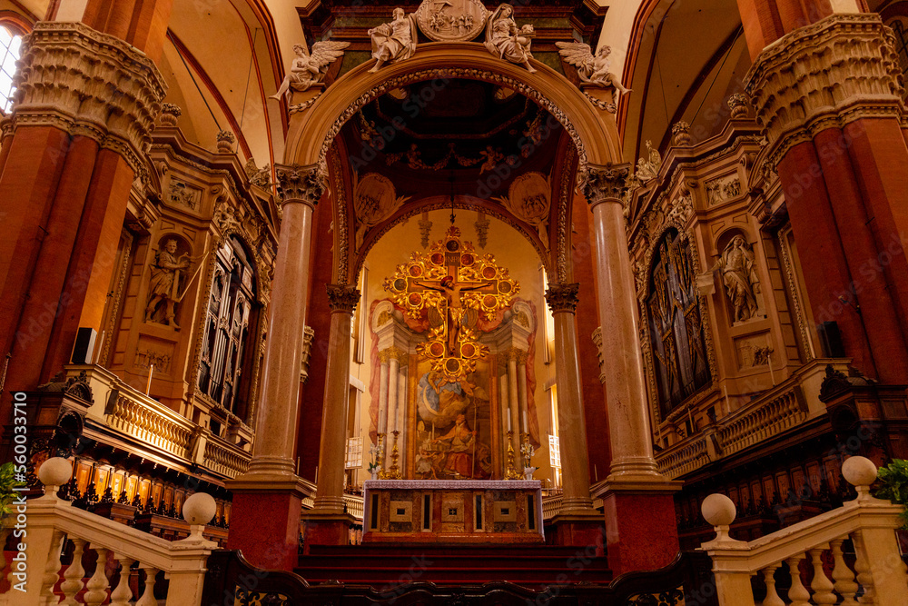 Basilica of San Petronio in Bologna, Italy, basilica interior. Italian church.