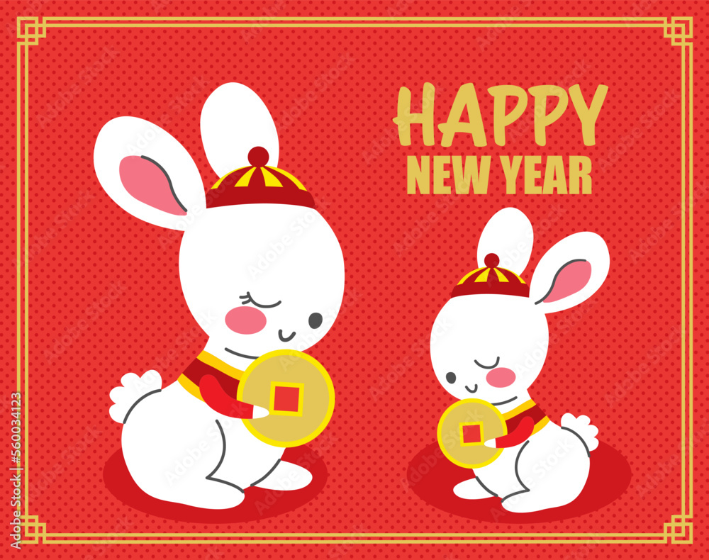 Vector illustration of rabbit mother and child holding golden money. Bunnies celebrating lunar Chinese new year on red traditional background Vector illustration of rabbit mother and child holding golden money. Bunnies celebrating lunar Chinese new year on red traditional background