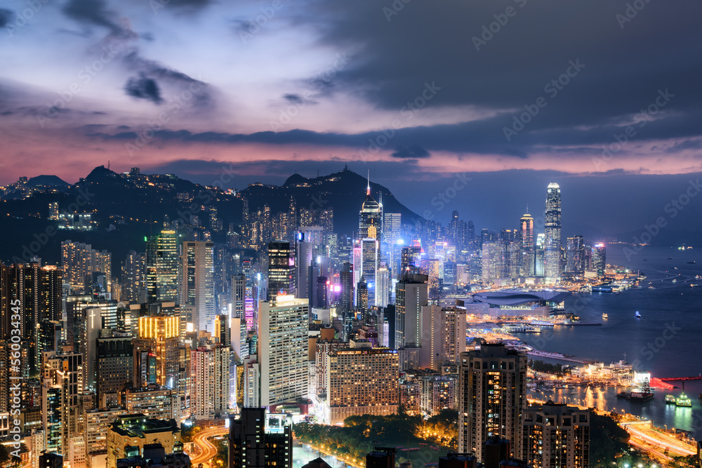 Scenic aerial view of skyscrapers in Hong Kong at sunset