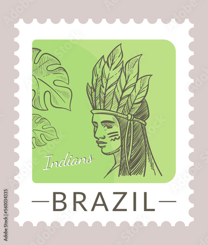 Postmak with Indians in Brazil, indigenous people