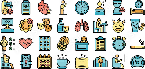 Passive lifestyle icons set outline vector. Smoke tobacco. Person problem color flat