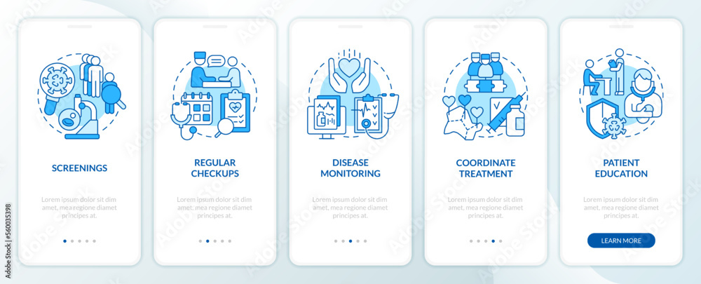 Chronic disease management approach blue onboarding mobile app screen. Walkthrough 5 steps editable graphic instructions with linear concepts. UI, UX, GUI template. Myriad Pro-Bold, Regular fonts used