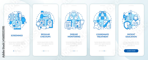 Chronic disease management approach blue onboarding mobile app screen. Walkthrough 5 steps editable graphic instructions with linear concepts. UI, UX, GUI template. Myriad Pro-Bold, Regular fonts used