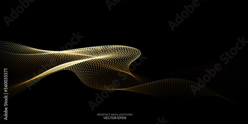 Flowing dot particles wave pattern gold gradient light isolated on black background. Vector in concept of luxury, AI technology, science, music.