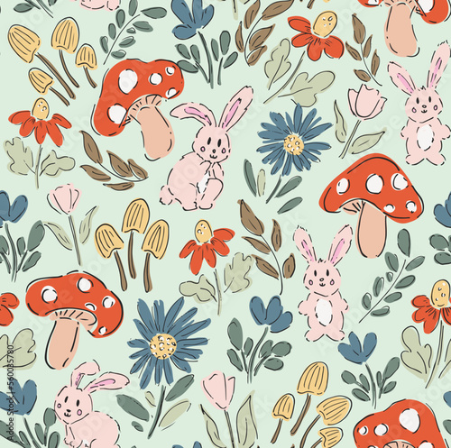 Garden of little bunnies hiding between flowers and mushrooms pink, yellow, blue, red and green over mint background. Great for home decor, fabric, wallpaper, gift-wrap, stationery and design projects
