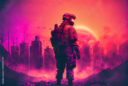 Futuristic cyber soldier stands against the sunset © Анастасия Птицова