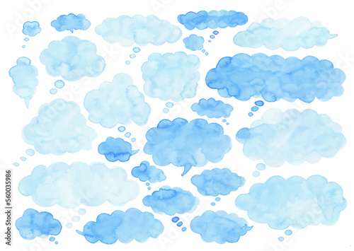 青色のふわふわとした雲型の吹き出し水彩素材