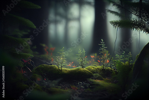 A dense misty forest with ferns and wildflowers, showcasing the mystical beauty of nature. AI Assisted Image