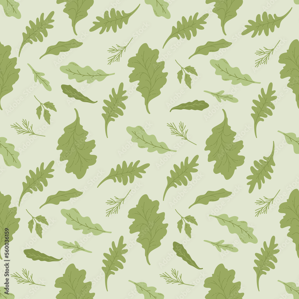 Seamless pattern leaves salad on light green Seamless pattern leaves salad on light green