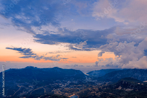 View of the surroundings in the sunset beautiful light. Drone shot top view. High quality photo