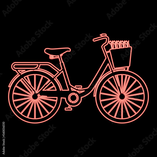 Neon bicycle with basket and flowers tulips red color vector illustration image flat style