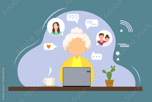 Elderly woman working on laptop. Vector illustration in flat style