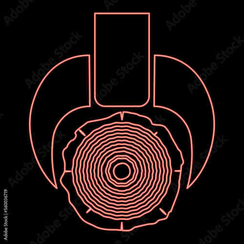 Neon timber carrying vessel transportation Special cargo Tree trunk lifting device Logging operations Skidder forestry vehicle Lumber forwarder red color vector illustration image flat style