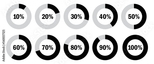 Percentage pie chart set. Circle percent diagram or chart with progress,black and gray color,  from 10% to 100% percent,vector illustration