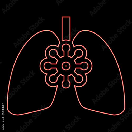 Neon coronavirus damaged lungs Virus corona atack Eating lung concept Covid 19 Infected tuberculosis red color vector illustration image flat style