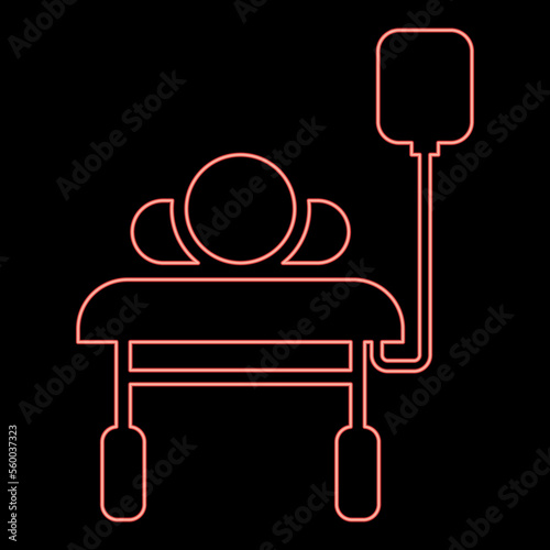 Neon patient lying on medical bed couch with dropper Man with dropping bottle Emergency therapy concept injecting resuscitation Intensive care red color vector illustration image flat style
