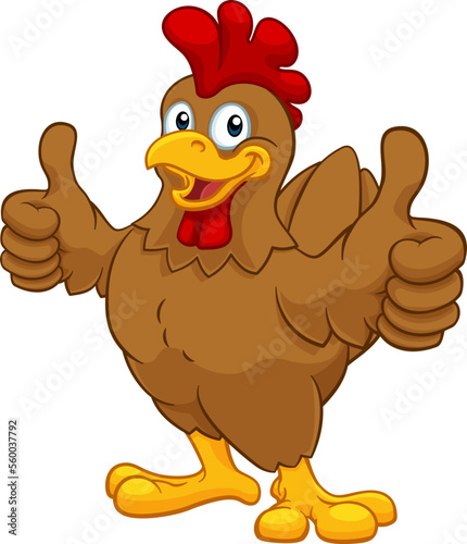 A chicken cartoon rooster cockerel character mascot giving a thumbs up.