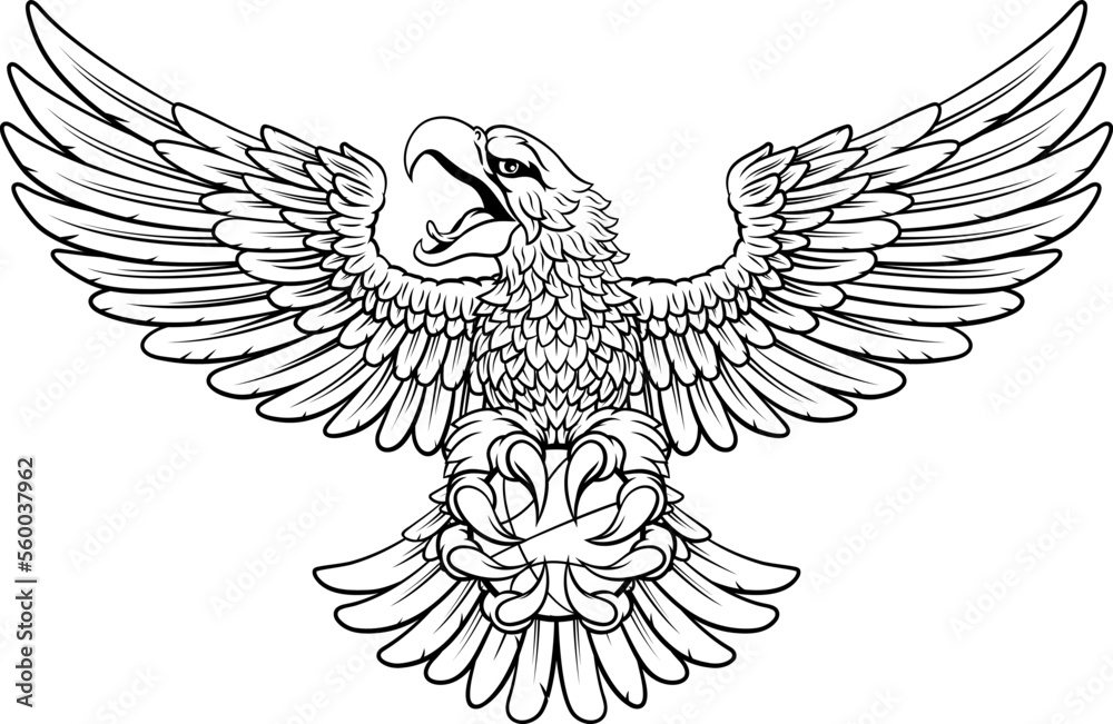 Fototapeta premium A bald eagle or hawk flying with a basketball ball in their claws sports mascot