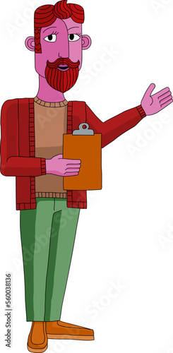 A man with a clipboard pointing out or showing something business illustration. In an original abstract cubist flat modern cartoon style.