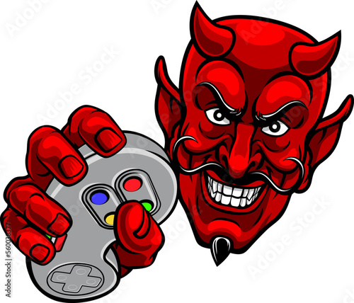 A devil or satan gamer mascot holding video game controller playing games cartoon character