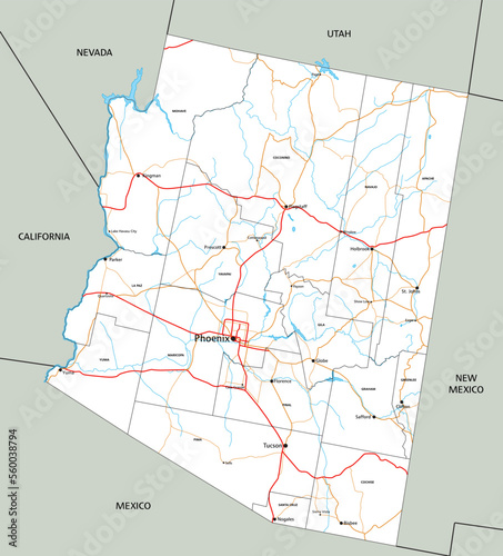 High detailed Arizona road map with labeling.