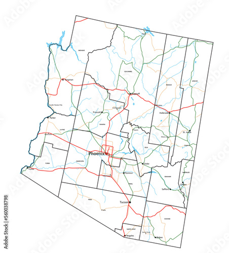 Arizona road and highway map. Vector illustration.