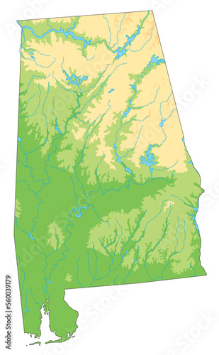 High detailed Alabama physical map.