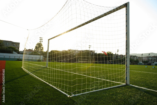 Close up shot of goal post in a footall pitch